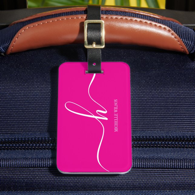 Étiquette À Bagage Elegant Pink White Monogram Initial Script Name  (Insitu Rectoal 2)