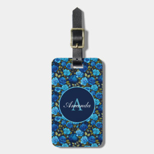 Étiquette À Bagage Élégant Rose bleu motif floral Monogramme photo