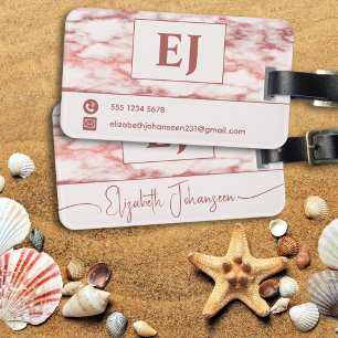 Étiquette À Bagage Élégant Rose élégant Or & Marbre blanc Monogramme