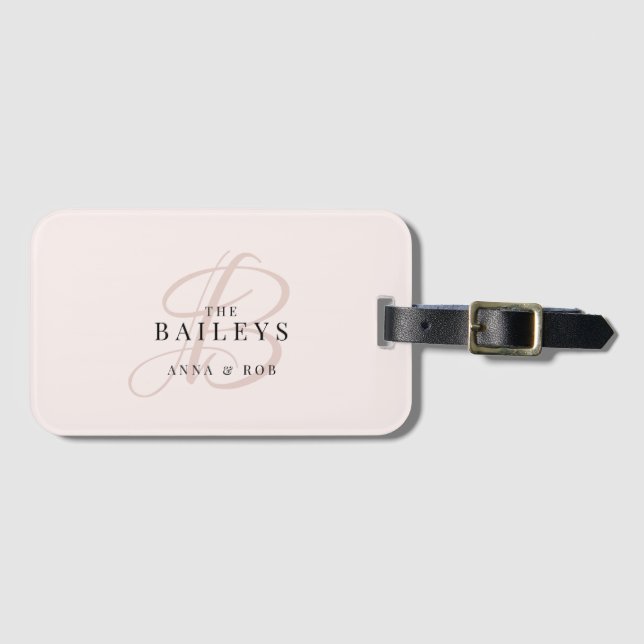 Étiquette À Bagage Élégant Rose Monogram Nouveaux mariés Voyage (Devant Horizontal)