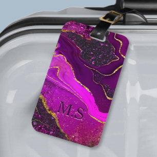 Étiquette À Bagage Elégant rose violet marbre art faux or parties sci