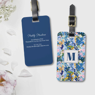 Étiquette À Bagage Élégant Royal Blue Abstrait Botanical Monogrammé