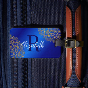 Étiquette À Bagage Elégant Royal Blue et or Mandala Monogrammé