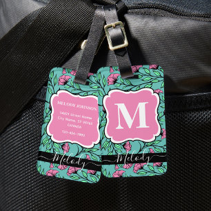 Étiquette À Bagage Élégant sac à bagages rose floral avec monogramme