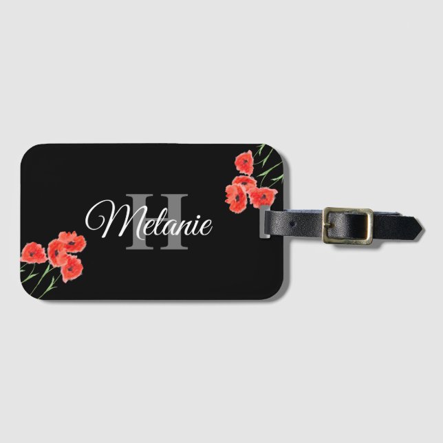 Étiquette À Bagage Élégant Script Black White Girly Floral Monogramme (Devant Horizontal)