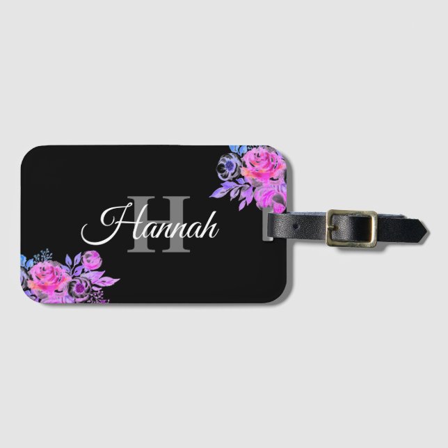 Étiquette À Bagage Élégant Script Black White Girly Floral Monogramme (Devant Horizontal)