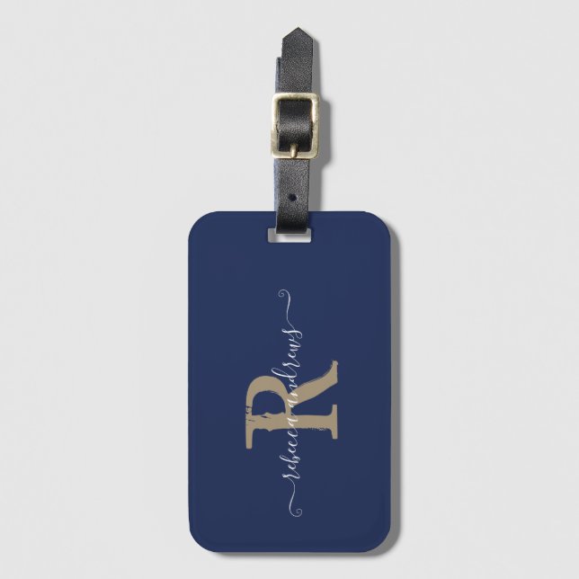 Étiquette À Bagage Élégant Script Marine Gold Monogramme Nom Voyage (Devant Vertical)