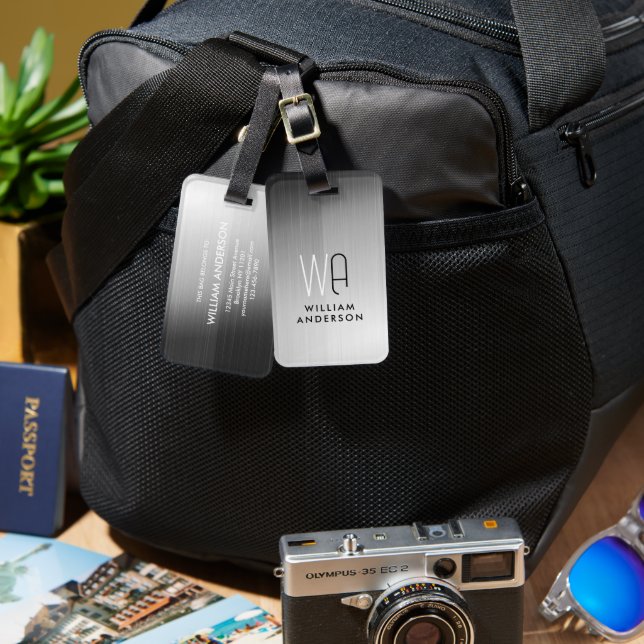 Étiquette À Bagage Elegant Silver & Black Metallic Brushed Monogram (Recto & Verso)