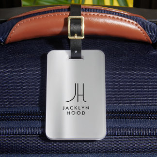 Étiquette À Bagage Elegant Silver Metallic Brushed Monogram Initial 