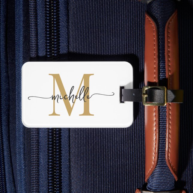 Étiquette À Bagage Élégant Style Blanc Or Monogramme Initiale Script (Insitu Rectoal 4)