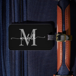Étiquette À Bagage Élégant Style Noir Gris Monogramme Initiale Script