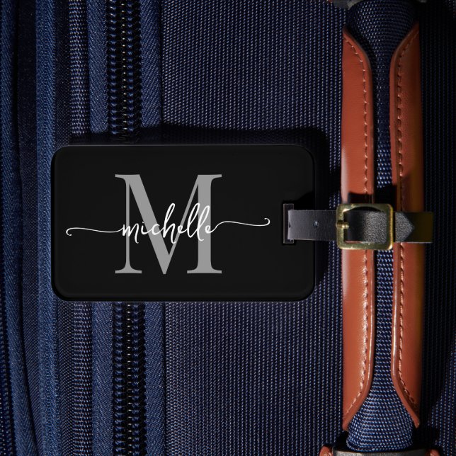 Étiquette À Bagage Élégant Style Noir Gris Monogramme Initiale Script (Insitu Rectoal 4)