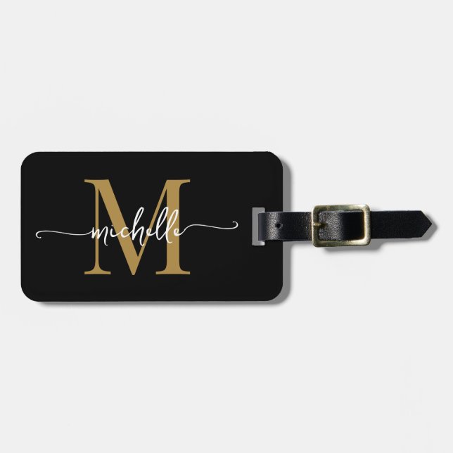 Étiquette À Bagage Élégant Style Noir Or Monogramme Initial Script (Devant horizontal)