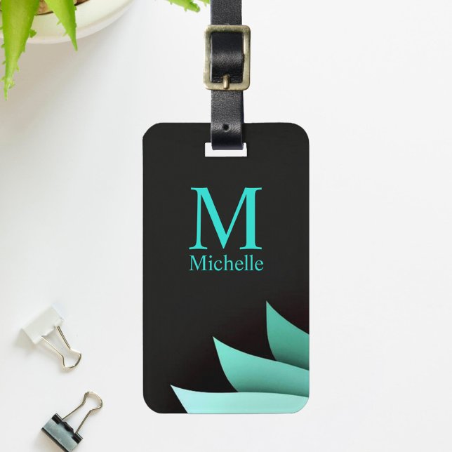 Étiquette À Bagage Élégant Turquoise Floral Personnalisé Monogramme (Créateur téléchargé)