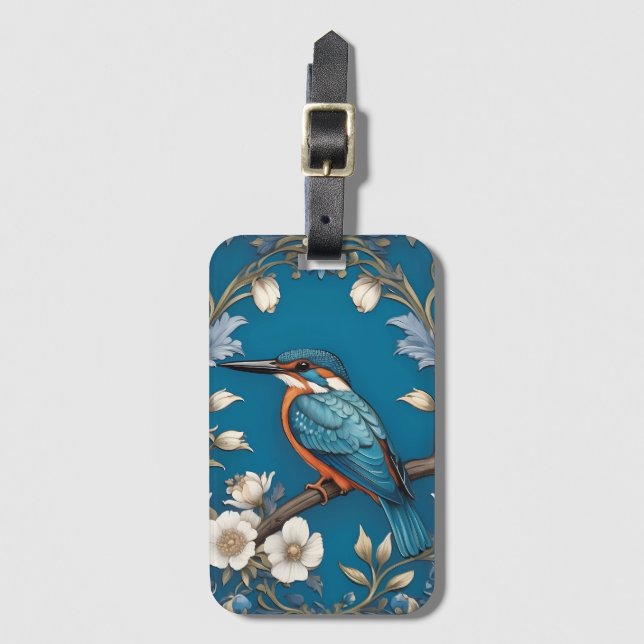 Étiquette À Bagage Élégant turquoise Kingfisher Bird Floral (Devant Vertical)