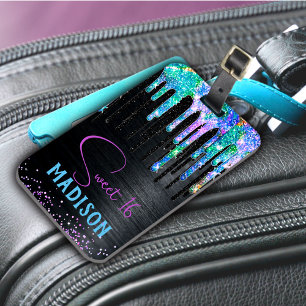 Étiquette À Bagage Élégant Turquoise noir Unicorn Drives monogramme