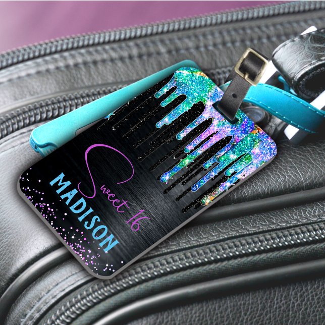 Étiquette À Bagage Élégant Turquoise noir Unicorn Drives monogramme (Créateur téléchargé)