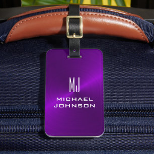 Étiquette À Bagage Élégant violet brossé monogramme métallique 