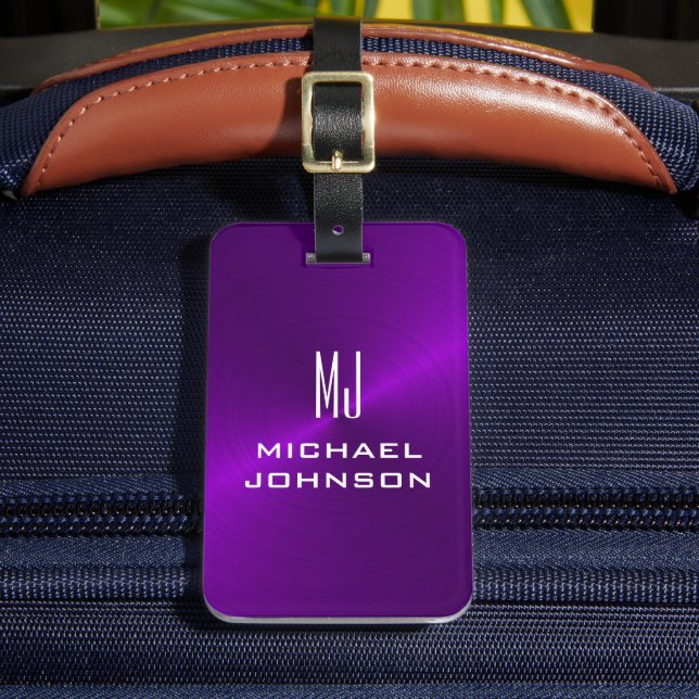 Étiquette À Bagage Élégant violet brossé monogramme métallique  (Insitu Rectoal 2)
