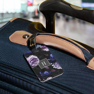 Étiquette À Bagage Élégant violet foncé floral Monogramme