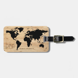 Étiquette À Bagage Elégant World Traveler Map Wood Monogramme Nom