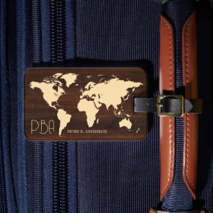 Étiquette À Bagage Elégant World Traveler Map Wood Monogramme Nom