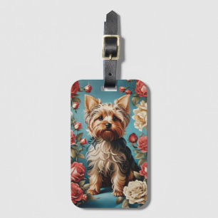 Étiquette À Bagage Elégant Yorkshire Terrier Portrait Rose Garden