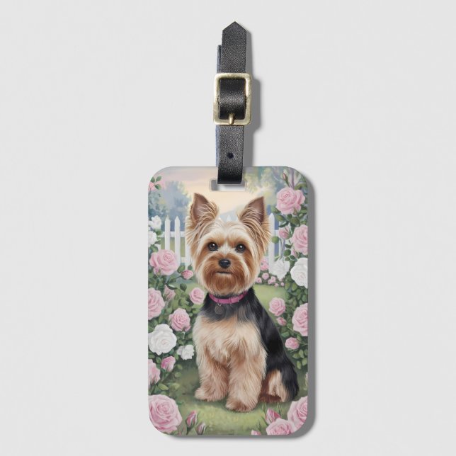 Étiquette À Bagage Elégant Yorkshire Terrier Rose Jardin Peinture (Devant Vertical)