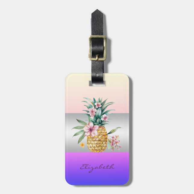 Étiquette À Bagage Élégante Bande De Fille, Ananas Floral (Devant Vertical)