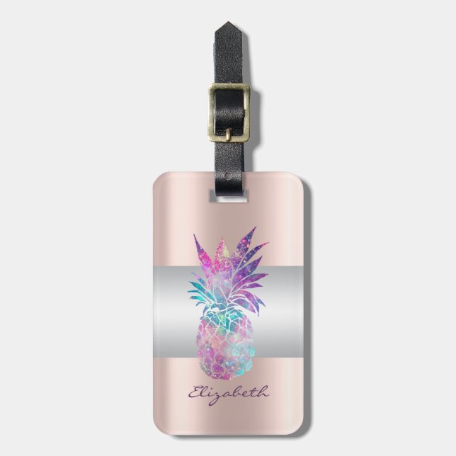 Étiquette À Bagage Élégante bande de fille, ananas Rose or (Devant Vertical)