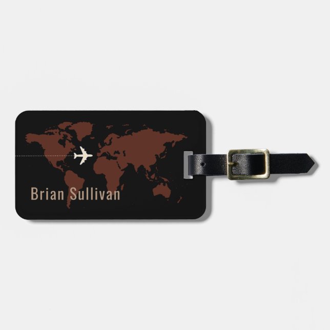 Étiquette À Bagage Élégante carte du monde Brown Agent de voyage Baga (Devant horizontal)