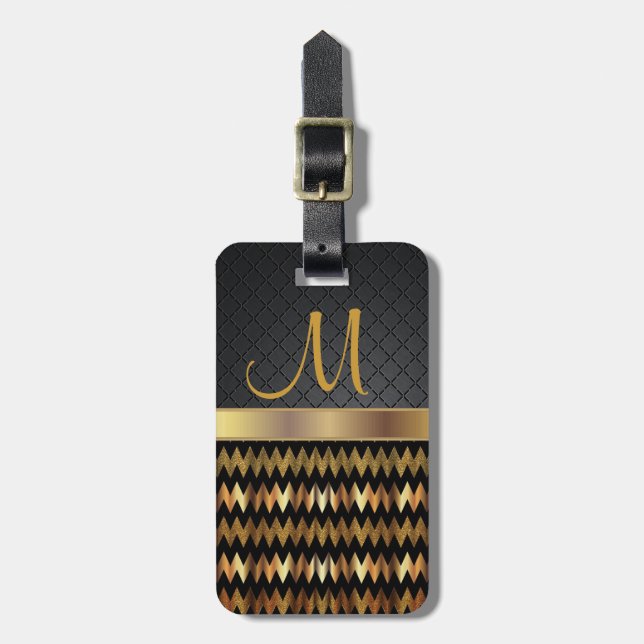 Étiquette À Bagage Elégante conception Motif Chevron Black & Gold (Devant Vertical)