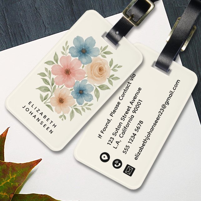 Étiquette À Bagage Elégante Fille Aquarelle Bleu Beige & Fleurs Roses (Créateur téléchargé)