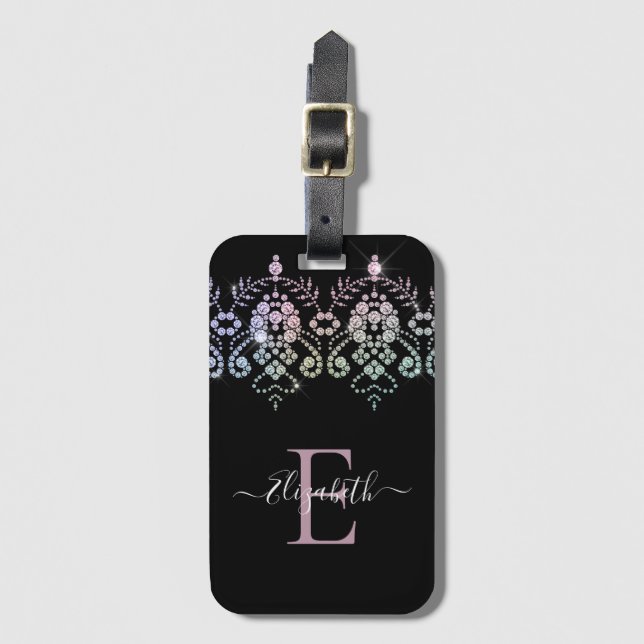 Étiquette À Bagage Élégante Fille Étincelante Monogramme Nom Bagage T (Devant Vertical)