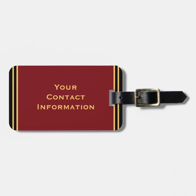 Étiquette À Bagage Elégante Gold Personnalisée Bande Bourgogne Rouge  (Devant horizontal)