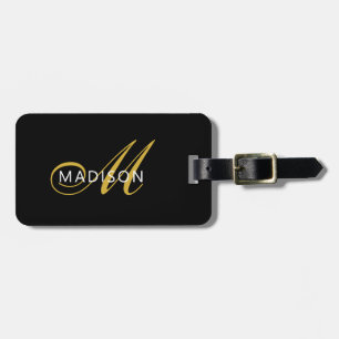 Étiquette À Bagage Élégante initiale de monogramme de script en noir
