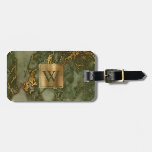Étiquette À Bagage Élégante Monogramme Marbre Vert Olive Or