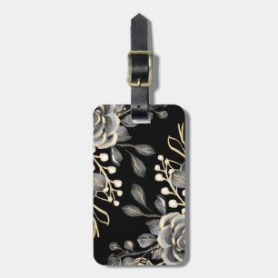 Étiquette À Bagage Elégante Moody Grey Floral Gold Black Aquarelle
