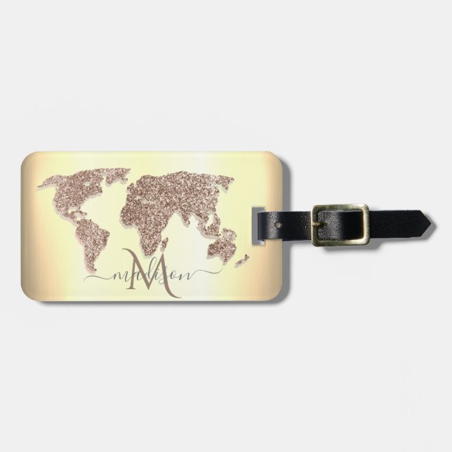 Étiquette À Bagage Élégante Parties scintillant Carte du monde Monogr (Devant horizontal)