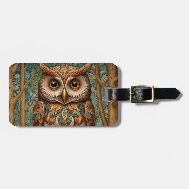 Étiquette À Bagage Élégante végétation forestière de hibou rétro (Devant horizontal)