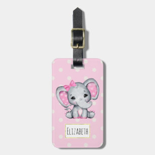 Étiquette À Bagage Eléphant de bébé rose mignon avec oreilles Poka Do