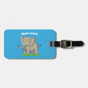 Étiquette À Bagage Éléphant drôle mignon avec oiseau sur le nez dessi