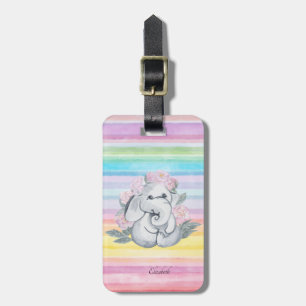 Étiquette À Bagage Éléphant Mignon Fleurs Aquarelle Rayures