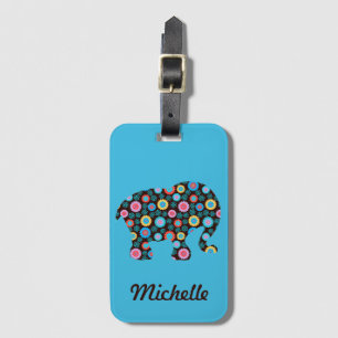 Étiquette À Bagage Eléphant Motif Fleur sur Bleu Personnalisé