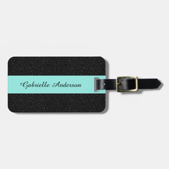 Étiquette À Bagage Empreinte de léopard noir moderne Aqua Stripe avec (Devant horizontal)