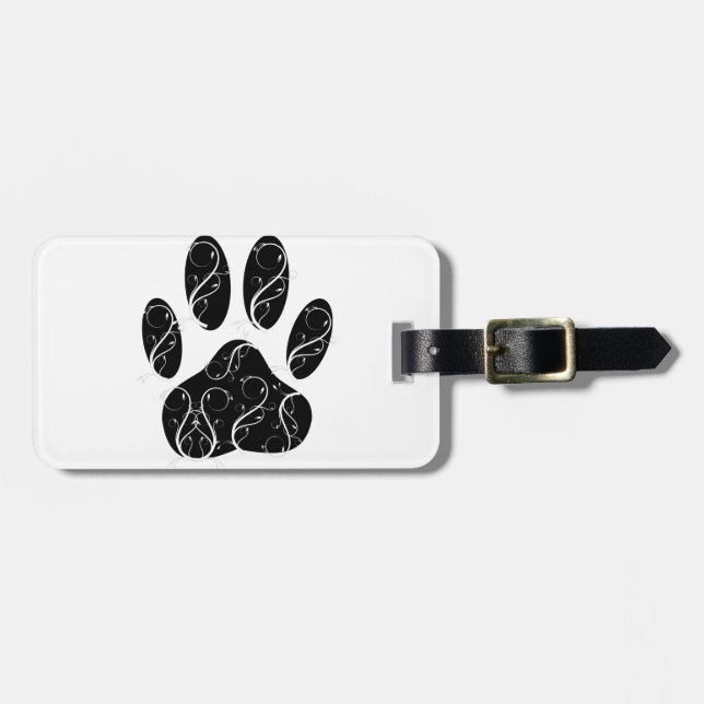 Étiquette À Bagage Empreinte de patte Chien Noir Avec Flouris Blanc (Devant horizontal)