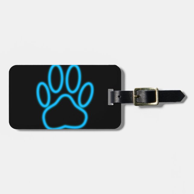 Étiquette À Bagage Empreinte de patte de chien de Néon Bleu (Devant horizontal)