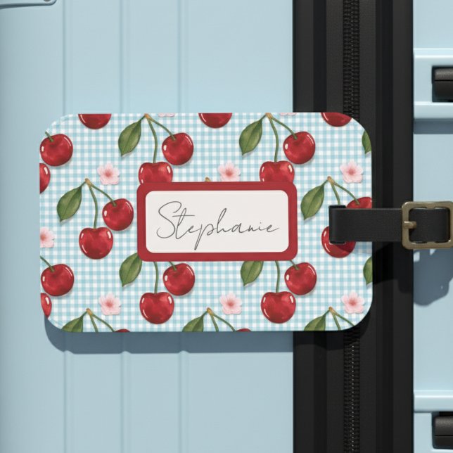 Étiquette À Bagage En vichy Bleu Rustique Et Monogramme De Cerises (Créateur téléchargé)