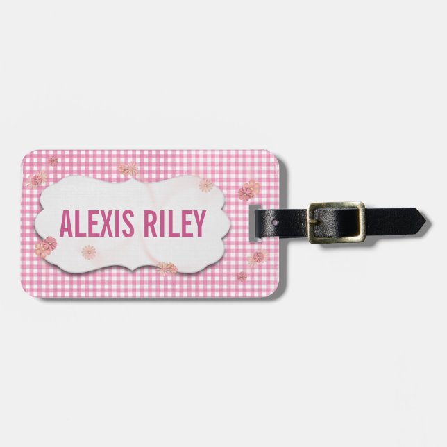 Étiquette À Bagage en vichy rose et fleur avec tôle biseautée (Devant horizontal)