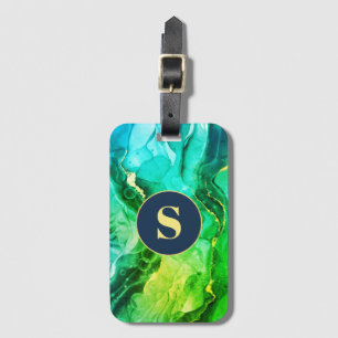 Étiquette À Bagage Encre liquide jaune Turquoise bleu foncé, Monogram